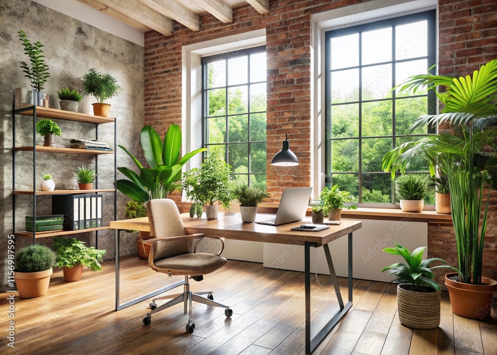 Fototapeta premium Modern Home Office Interior Design: Green Plants & Laptop Workspace