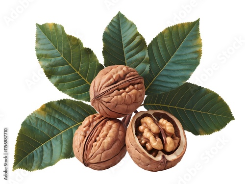 Fresh Walnuts with Green Leaves, Cracked Open to Reveal Edible Nuts, Isolated on White Background.
