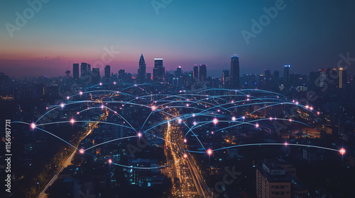 Wallpaper Mural Smart digital Innovation city with connection network reciprocity over the cityscape. of future smart wireless digital city and social media networking systems that connects people with in city Torontodigital.ca