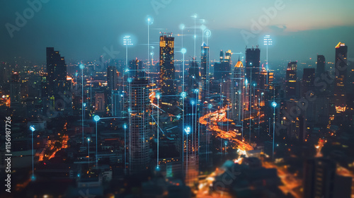 Wallpaper Mural Smart digital Innovation city with connection network reciprocity over the cityscape. of future smart wireless digital city and social media networking systems that connects people with in city Torontodigital.ca