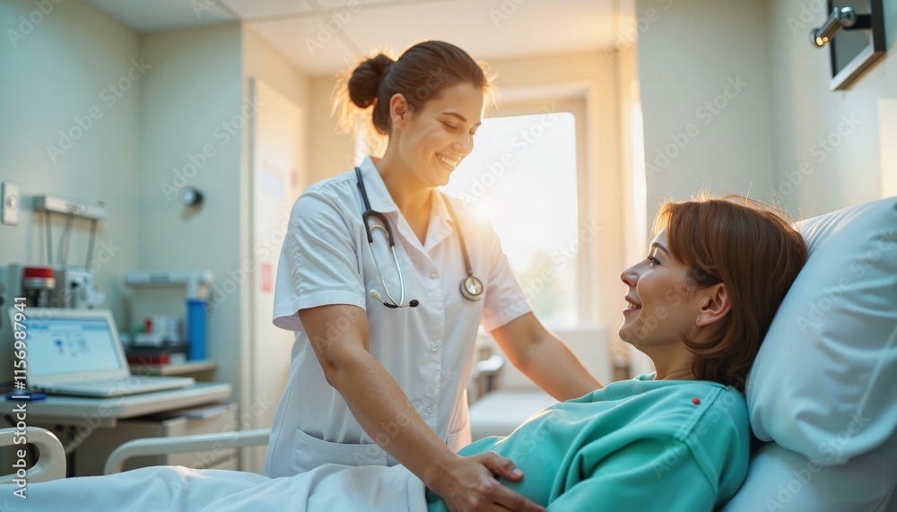 Nurse smiling at patient in hospital room Nurse smiling at patient in hospital room