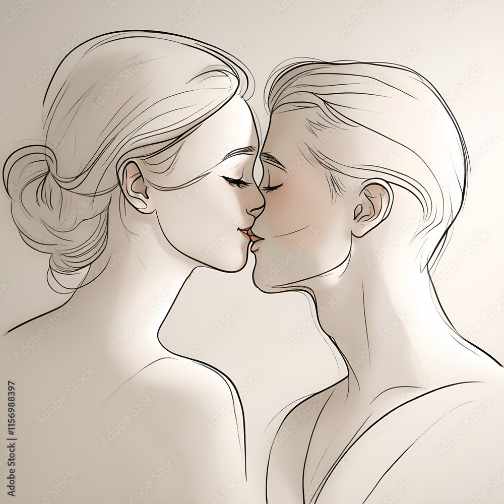 Minimalist line drawing of a couple kissing gently, showcasing love and intimacy Minimalist line drawing of a couple kissing gently, showcasing love and intimacy