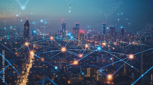 Wallpaper Mural Smart digital Innovation city with connection network reciprocity over the cityscape. of future smart wireless digital city and social media networking systems that connects people with in city Torontodigital.ca