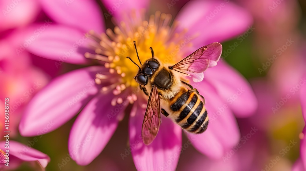 Detailed Image of a Honeybee on a Flower Collecting Nectar Detailed Image of a Honeybee on a Flower Collecting Nectar