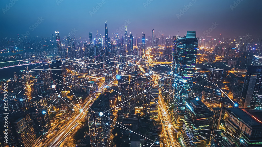 Fototapeta premium Smart digital Innovation city with connection network reciprocity over the cityscape. of future smart wireless digital city and social media networking systems that connects people with in city