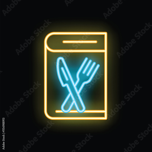 Bright neon cookbook icon glowing on dark background, concept for culinary school or online recipe website