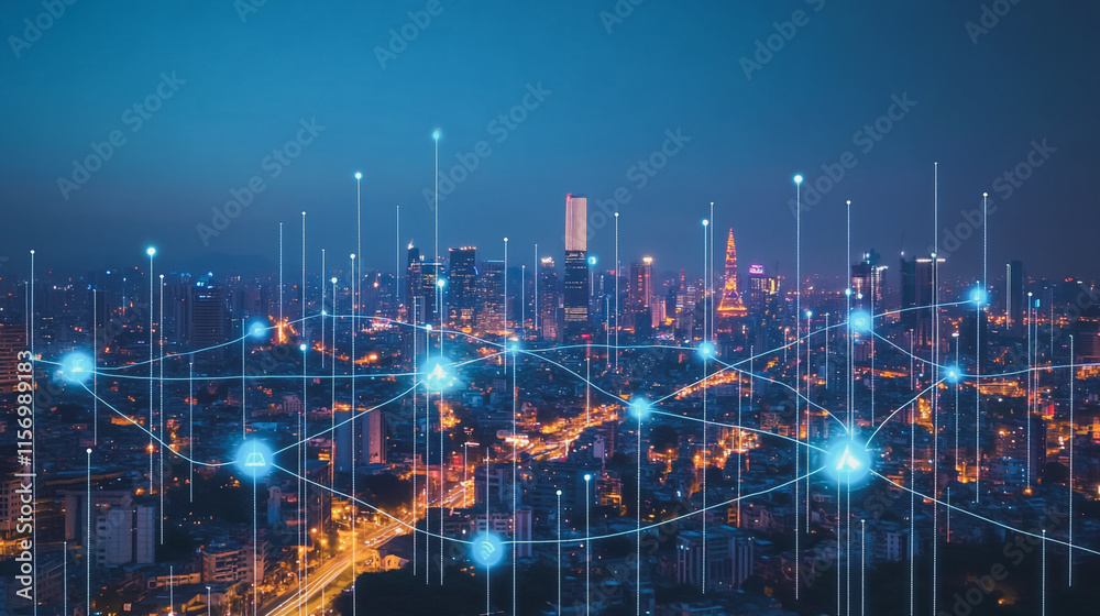 Naklejka premium Smart digital Innovation city with connection network reciprocity over the cityscape. of future smart wireless digital city and social media networking systems that connects people with in city