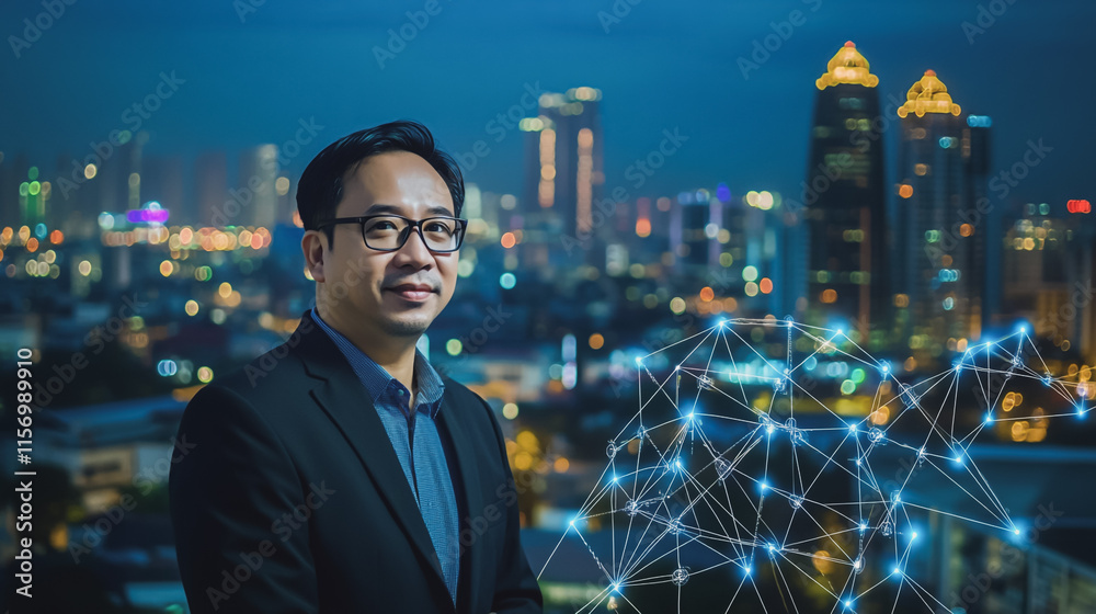Fototapeta premium Abstract businessman stands on the peak of success amid tall, innovative Smart city and graphs with statistics to analyze business potential and predict future developments in company growth.