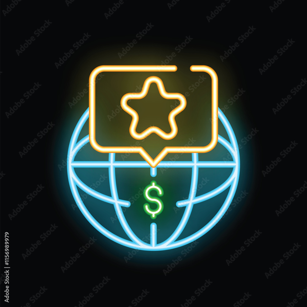 Neon glowing icon of a world globe with a star hovering over it, representing global reputation management Neon glowing icon of a world globe with a star hovering over it, representing global reputation management