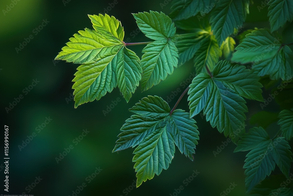 Lush green leaves with detailed veining, illuminated against a dark background. Lush green leaves with detailed veining, illuminated against a dark background.