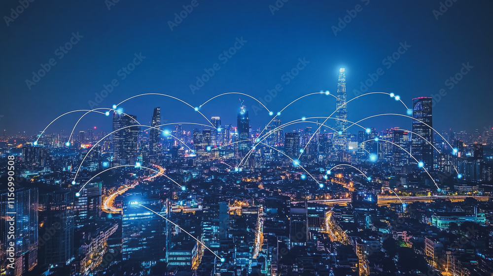 Fototapeta premium Smart digital Innovation city with connection network reciprocity over the cityscape. of future smart wireless digital city and social media networking systems that connects people with in city