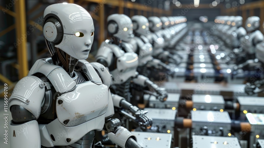 Robots in Warehouse Setting Illustrating Job Displacement and Technology Impact Robots in Warehouse Setting Illustrating Job Displacement and Technology Impact