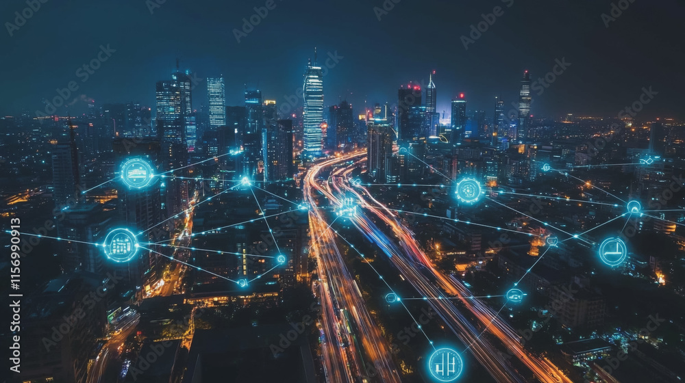 Fototapeta premium Smart digital Innovation city with connection network reciprocity over the cityscape. of future smart wireless digital city and social media networking systems that connects people with in city