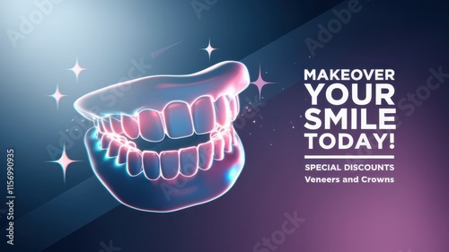 Glowing 3D Smile Makeover Ad: Veneers, Crowns, Holographic Sparkle, Special Discounts, Today photo