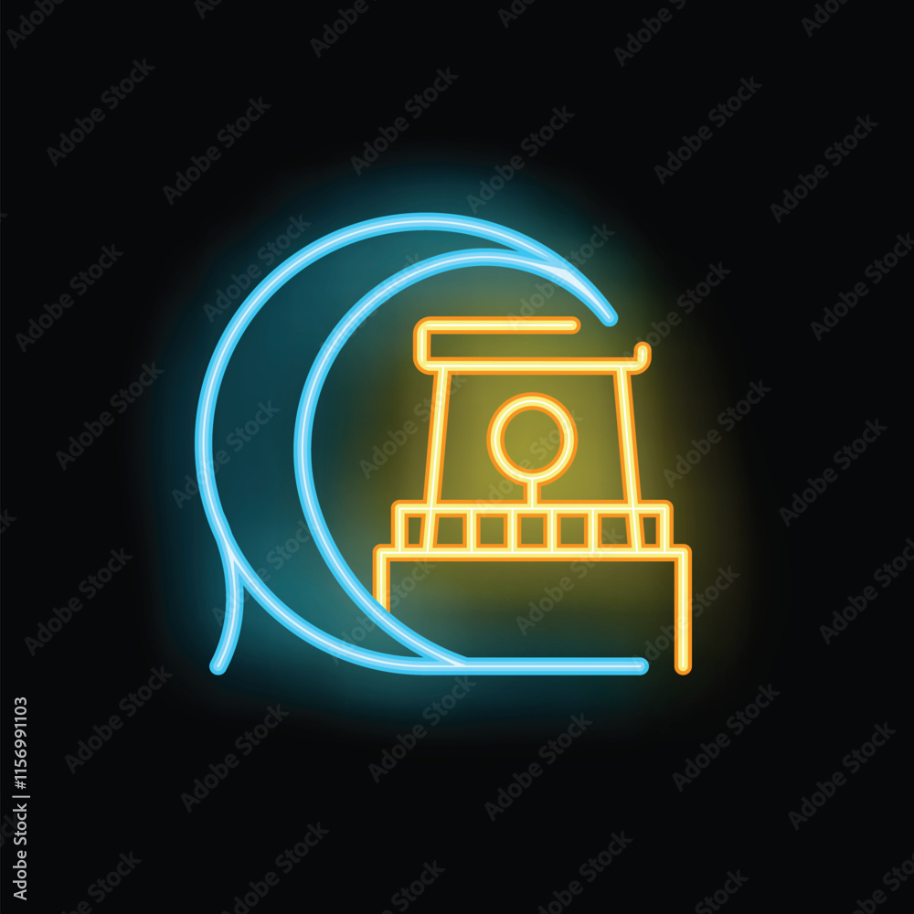 Naklejka premium Glowing neon line icon of a tsunami wave crashing on a traditional japanese house, symbolizing natural disaster and risk