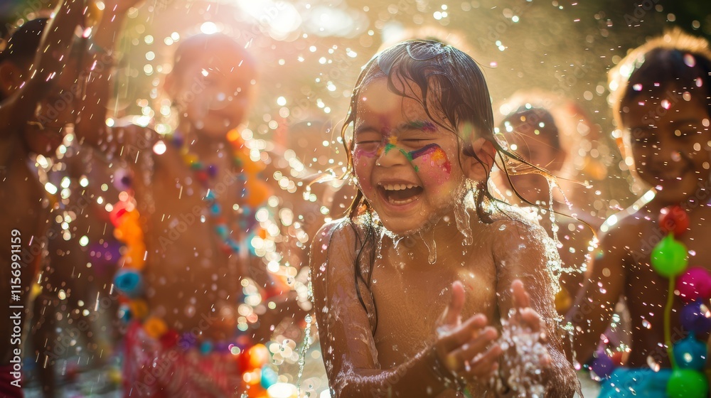 Joyful Children Laughing and Splashing Water Under Bright Sunlight Joyful Children Laughing and Splashing Water Under Bright Sunlight