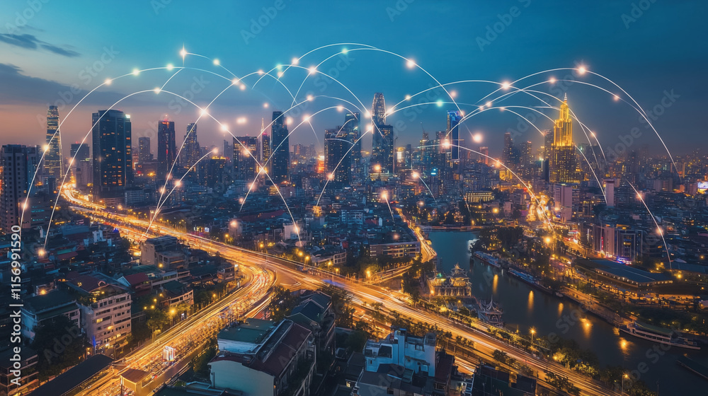 Fototapeta premium Smart digital Innovation city with connection network reciprocity over the cityscape. of future smart wireless digital city and social media networking systems that connects people with in city