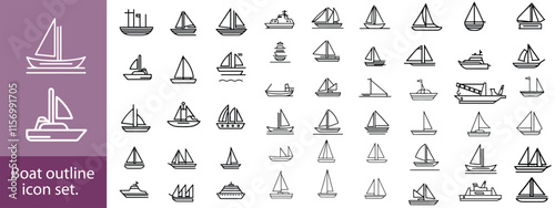 Ships line icons set. Simple symbols with yacht, kayak, inflatable boat, sailboat and motor ship. Sea transport. Editable stroke. Outline vector illustration collection isolated on white background