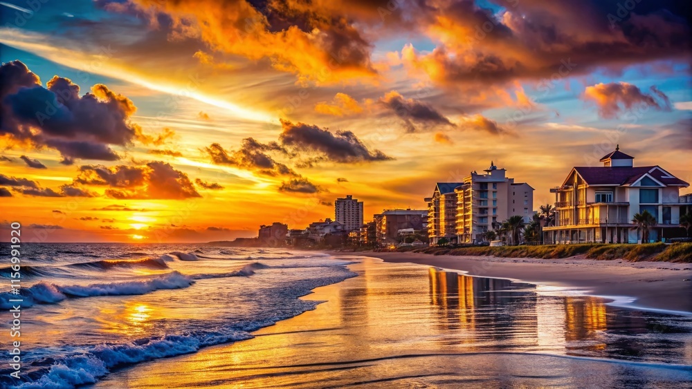 Fototapeta premium Myrtle Beach Coastline Silhouette: Residential Area Sunset Photography