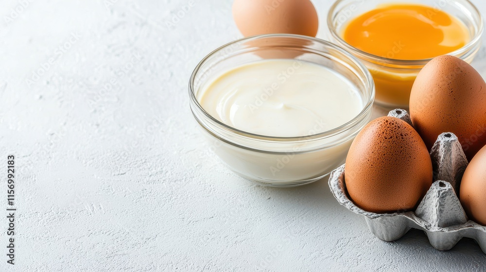 Chicken and Duck Egg Concept, Fresh Duck and Chicken Eggs Whisked Together in Clear Bowls on Light Background for Culinary Use Chicken and Duck Egg Concept, Fresh Duck and Chicken Eggs Whisked Together in Clear Bowls on Light Background for Culinary Use