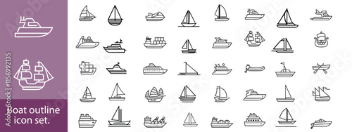 Ships line icons set. Simple symbols with yacht, kayak, inflatable boat, sailboat and motor ship. Sea transport. Editable stroke. Outline vector illustration collection isolated on white background