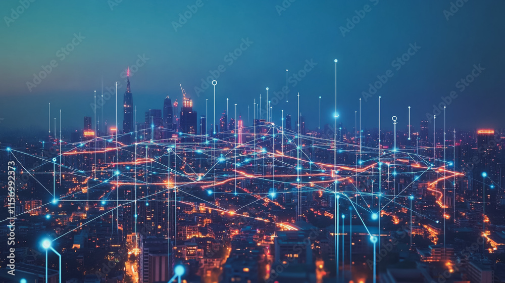 Naklejka premium Smart digital Innovation city with connection network reciprocity over the cityscape. of future smart wireless digital city and social media networking systems that connects people with in city