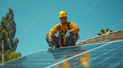 Wallpaper Mural A technician installing a solar panel on a rooftop, wearing safety gear and harness, sustainable technology Torontodigital.ca