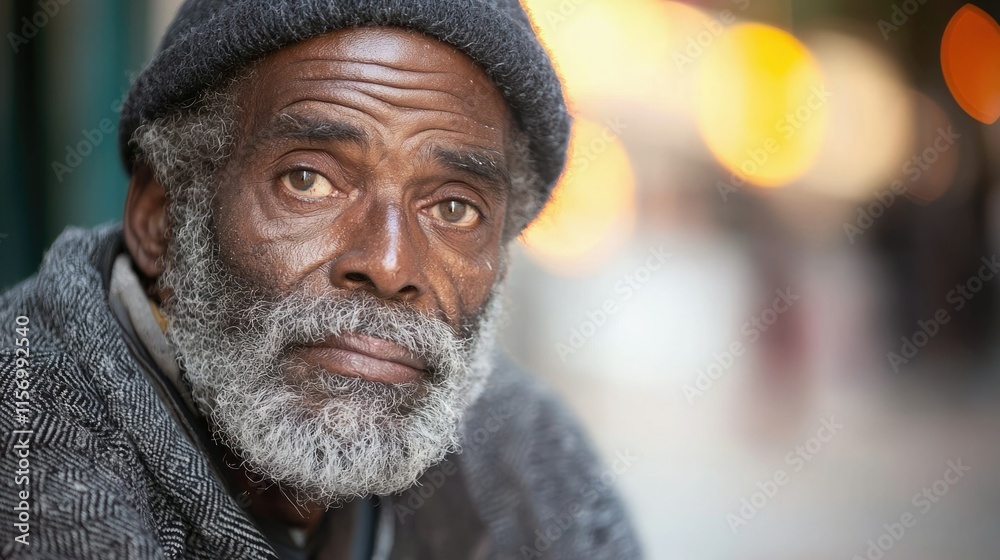 Portrait of an elderly man with a gray beard wearing a beanie in an urban setting at twilight Portrait of an elderly man with a gray beard wearing a beanie in an urban setting at twilight