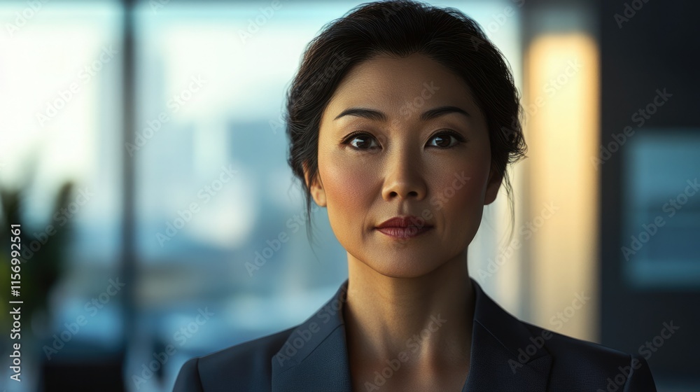 Confident businesswoman stands in modern office, showcasing leadership and determination during a corporate meeting Confident businesswoman stands in modern office, showcasing leadership and determination during a corporate meeting