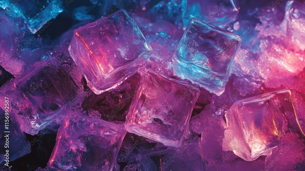 Colorful ice cubes illuminated by vibrant lights create a mesmerizing visual display in a dark setting Colorful ice cubes illuminated by vibrant lights create a mesmerizing visual display in a dark setting