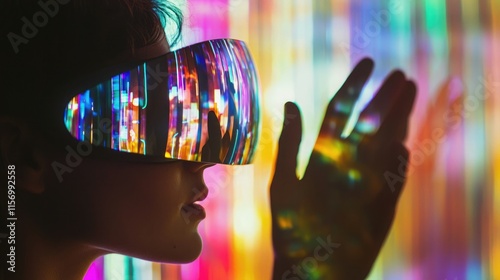 Engaging with immersive technology through virtual reality headset in a vibrant environment