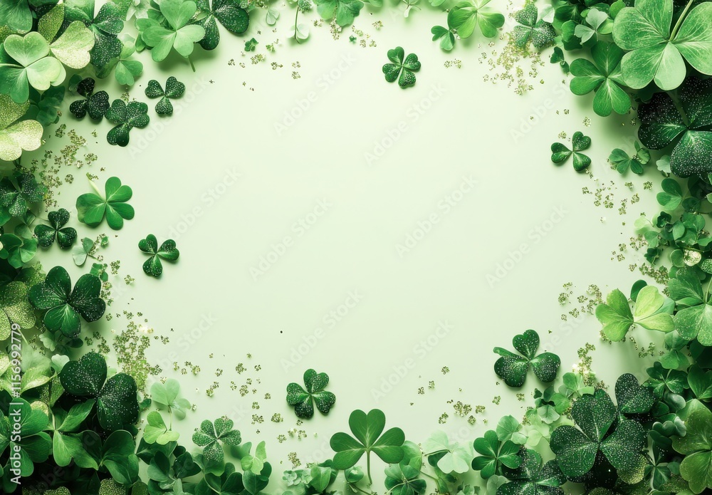 Green Shamrock Border with Leafy Background Featuring Various Clovers and Sprinkles of Glitter Perfect for Celebrations, Festivals, and Nature-Inspired Designs Green Shamrock Border with Leafy Background Featuring Various Clovers and Sprinkles of Glitter Perfect for Celebrations, Festivals, and Nature-Inspired Designs