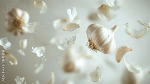Floating garlic cloves and bulbs create an artistic composition in a neutral setting