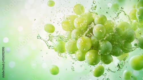 Fresh green grapes splashing into crystal clear water with droplets in a vibrant atmosphere