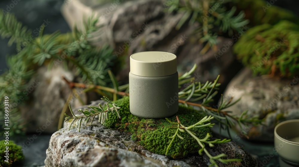 Compact jar on mossy rocks surrounded by natural greenery in a tranquil setting Compact jar on mossy rocks surrounded by natural greenery in a tranquil setting