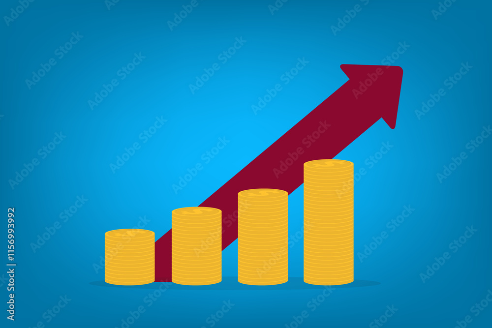 Stacked coins with a red upward arrow, representing financial growth and economic success Stacked coins with a red upward arrow, representing financial growth and economic success
