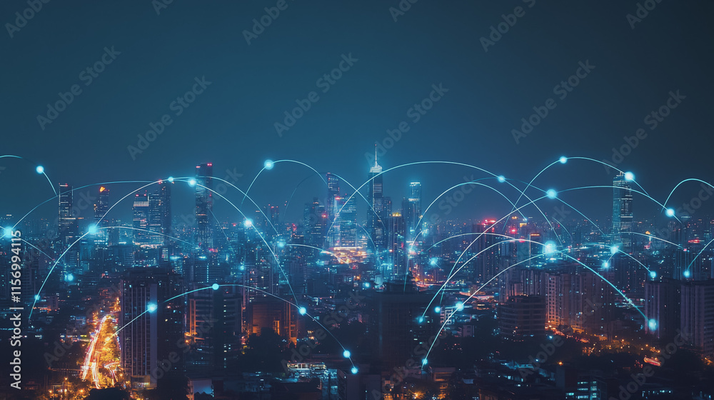 Fototapeta premium Smart digital Innovation city with connection network reciprocity over the cityscape. of future smart wireless digital city and social media networking systems that connects people with in city