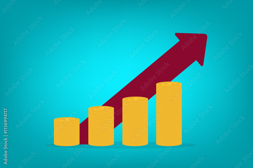 Stacked coins with a red upward arrow, representing financial growth and economic success Stacked coins with a red upward arrow, representing financial growth and economic success