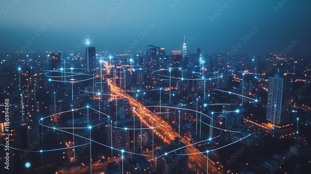 Fototapeta premium Smart digital Innovation city with connection network reciprocity over the cityscape. of future smart wireless digital city and social media networking systems that connects people with in city