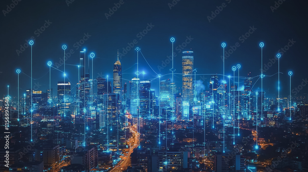 Smart digital Innovation city with connection network reciprocity over the cityscape. of future smart wireless digital city and social media networking systems that connects people with in city Smart digital Innovation city with connection network reciprocity over the cityscape. of future smart wireless digital city and social media networking systems that connects people with in city