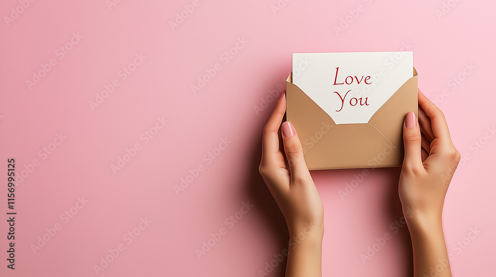 Female hands hold an open envelope made of kraft paper with a card with the inscription Female hands hold an open envelope made of kraft paper with a card with the inscription