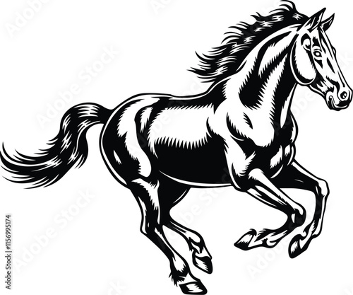 A vector black and white illustration of a horse design. The horse is galloping with its mane flowing behind it. The background is transparent.