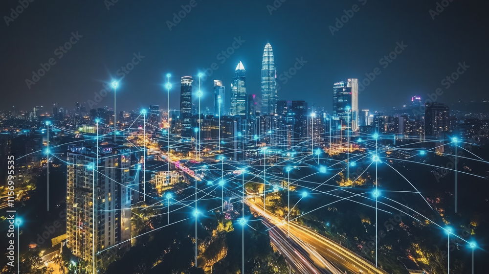 Fototapeta premium Smart digital Innovation city with connection network reciprocity over the cityscape. of future smart wireless digital city and social media networking systems that connects people with in city