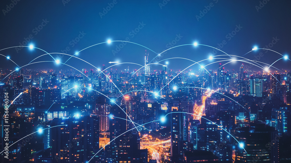 Smart digital Innovation city with connection network reciprocity over the cityscape. of future smart wireless digital city and social media networking systems that connects people with in city Smart digital Innovation city with connection network reciprocity over the cityscape. of future smart wireless digital city and social media networking systems that connects people with in city