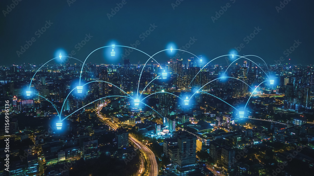 Smart digital Innovation city with connection network reciprocity over the cityscape. of future smart wireless digital city and social media networking systems that connects people with in city Smart digital Innovation city with connection network reciprocity over the cityscape. of future smart wireless digital city and social media networking systems that connects people with in city