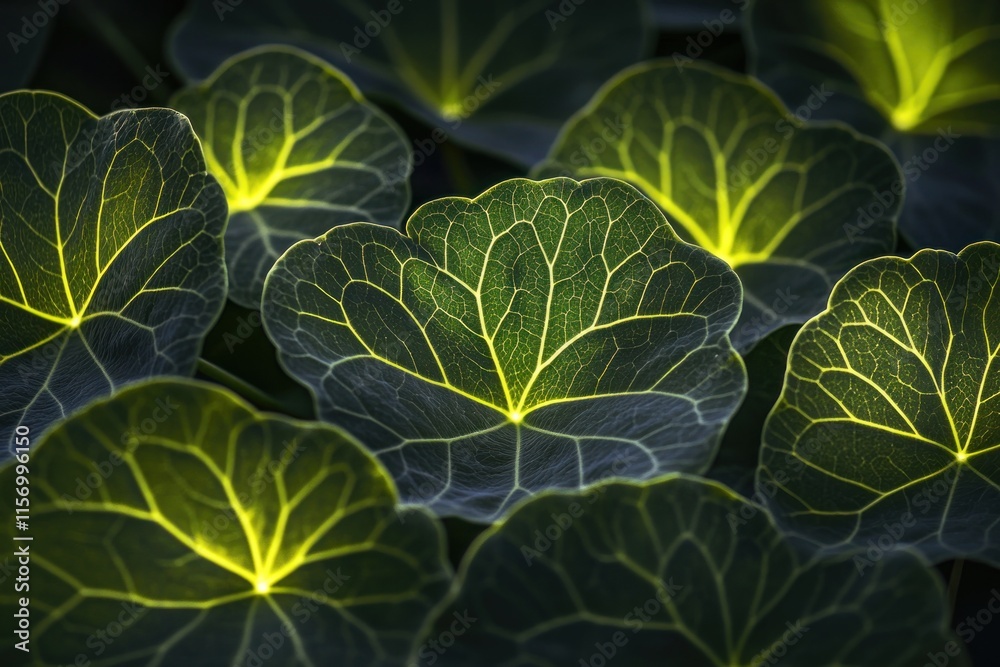Close-up of vibrant green leaves with intricate vein patterns illuminated by backlighting.