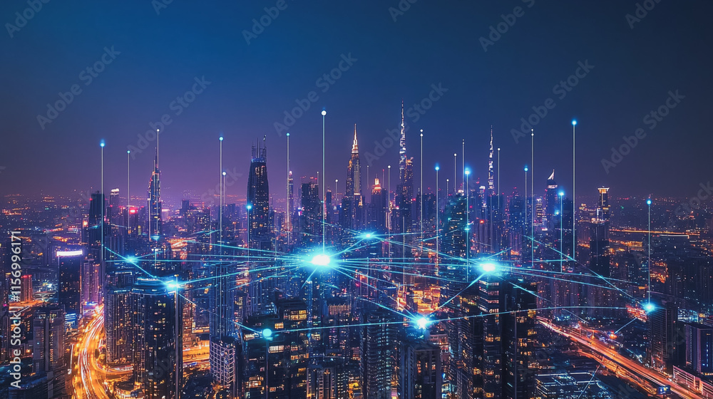 Fototapeta premium Smart digital Innovation city with connection network reciprocity over the cityscape. of future smart wireless digital city and social media networking systems that connects people with in city