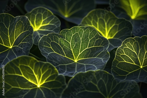 Obraz na płótnie Close-up of vibrant green leaves with intricate vein patterns illuminated by backlighting. w salonie