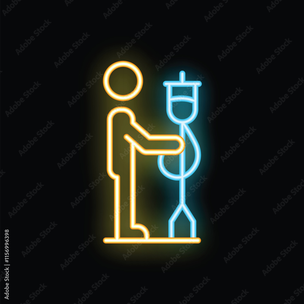 Neon glowing icon of a patient standing with intravenous therapy, representing medical treatment and healthcare Neon glowing icon of a patient standing with intravenous therapy, representing medical treatment and healthcare