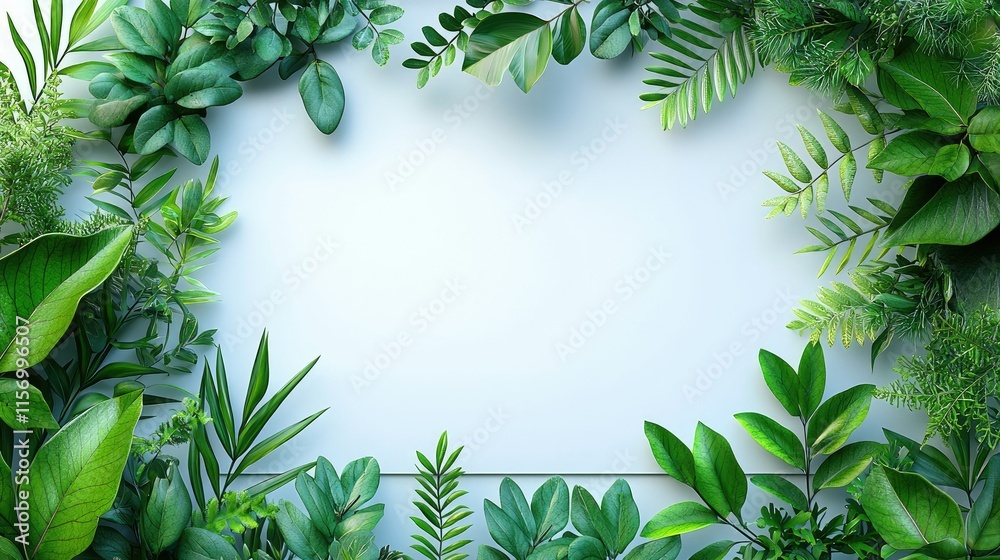 Fototapeta premium A border of lush green leaves framing a blank space for text or design.
